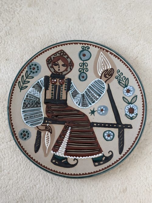 1960s Large Soviet Ukrainian Decorative Plate "Lady Spinning Flax"