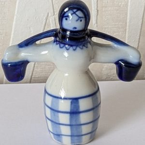 Vintage USSR Gzhel Ceramic Folk Art Figure Woman Hand Painted Blue & White.