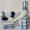 Vintage USSR Gzhel figure of woman pushing two children in a pram