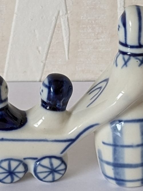 Vintage USSR Gzhel figure of woman pushing two children in a pram