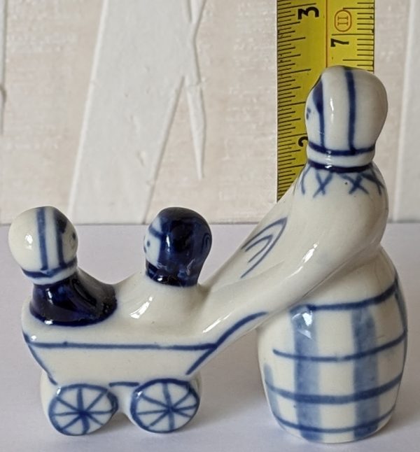 Vintage USSR Gzhel figure of woman pushing two children in a pram