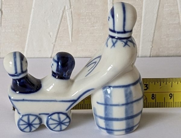Vintage USSR Gzhel figure of woman pushing two children in a pram
