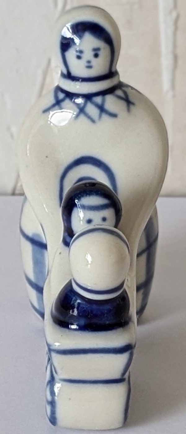 Vintage USSR Gzhel figure of woman pushing two children in a pram
