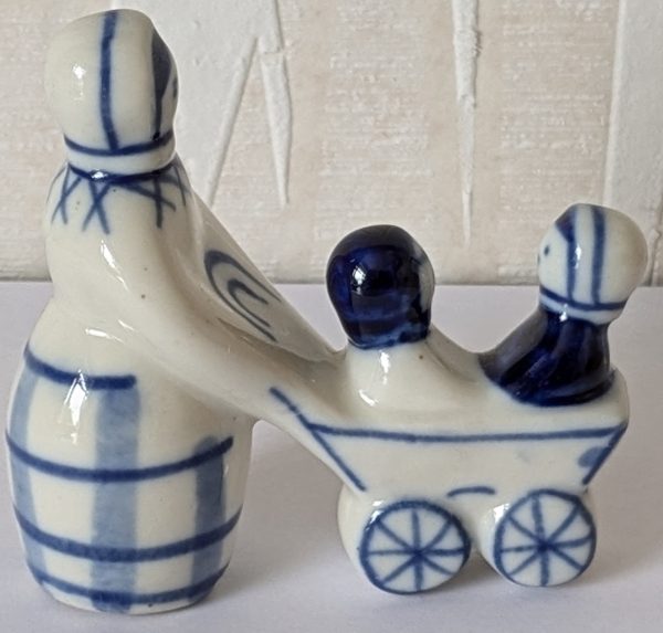 Vintage USSR Gzhel figure of woman pushing two children in a pram