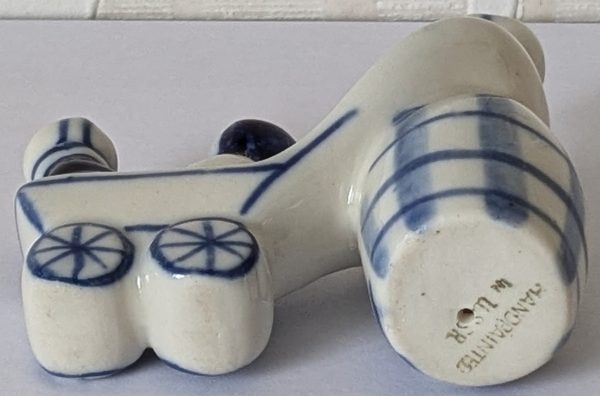 Vintage USSR Gzhel figure of woman pushing two children in a pram