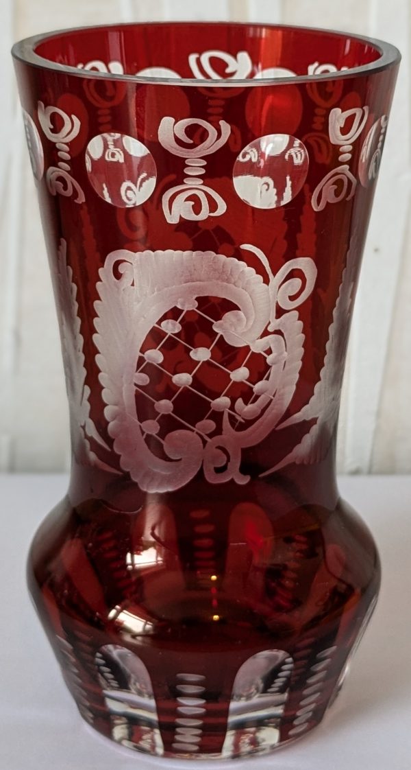 Ruby Red Cut to Clear Glass Etched Czech Bohemian Small Vase.