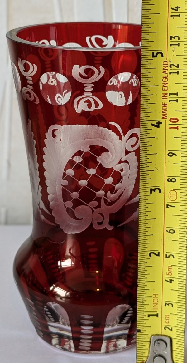 Ruby Red Cut to Clear Glass Etched Czech Bohemian Small Vase.