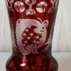 Ruby Red Cut to Clear Glass Etched Czech Bohemian Small Vase.
