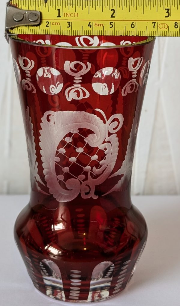 Ruby Red Cut to Clear Glass Etched Czech Bohemian Small Vase.
