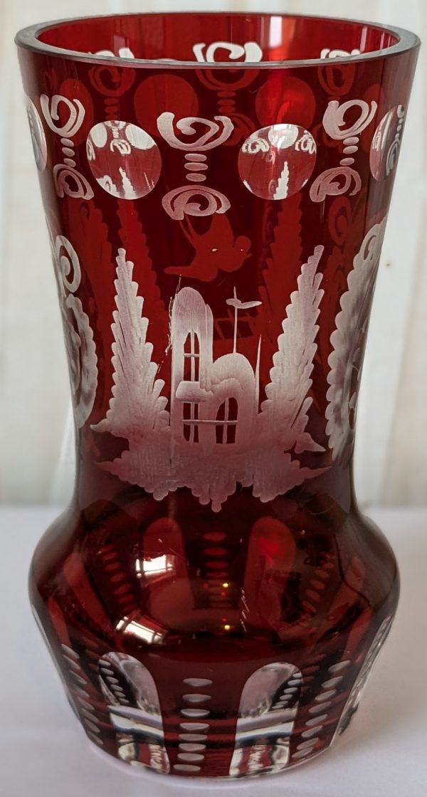 Ruby Red Cut to Clear Glass Etched Czech Bohemian Small Vase.