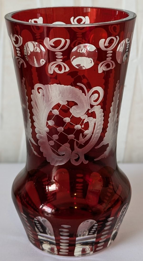 Ruby Red Cut to Clear Glass Etched Czech Bohemian Small Vase.