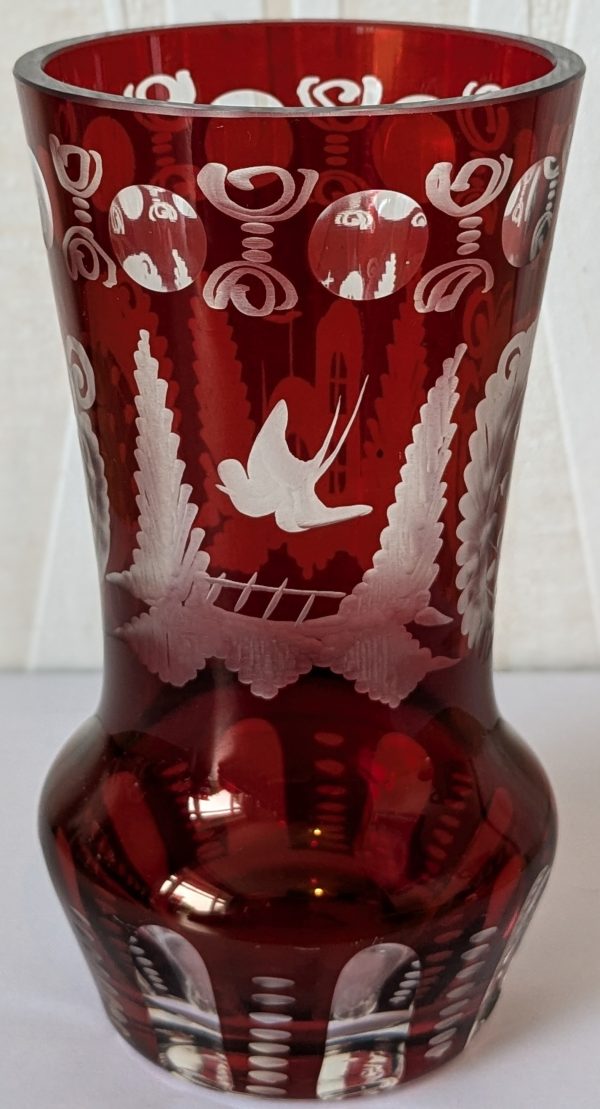 Ruby Red Cut to Clear Glass Etched Czech Bohemian Small Vase.