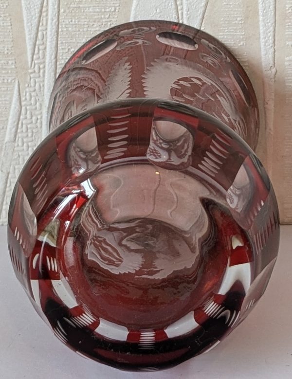Ruby Red Cut to Clear Glass Etched Czech Bohemian Small Vase.