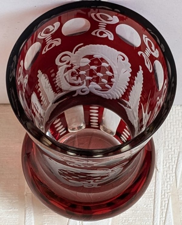 Ruby Red Cut to Clear Glass Etched Czech Bohemian Small Vase.