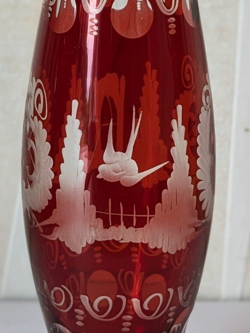 PXL_20240828_124732978.PORTRAIT Vintage Egermann Ruby Red Cut to Clear etched vase