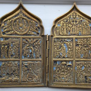 Antique 19th Century Russian Bronze Enamel Christian 4 Panels Icon
